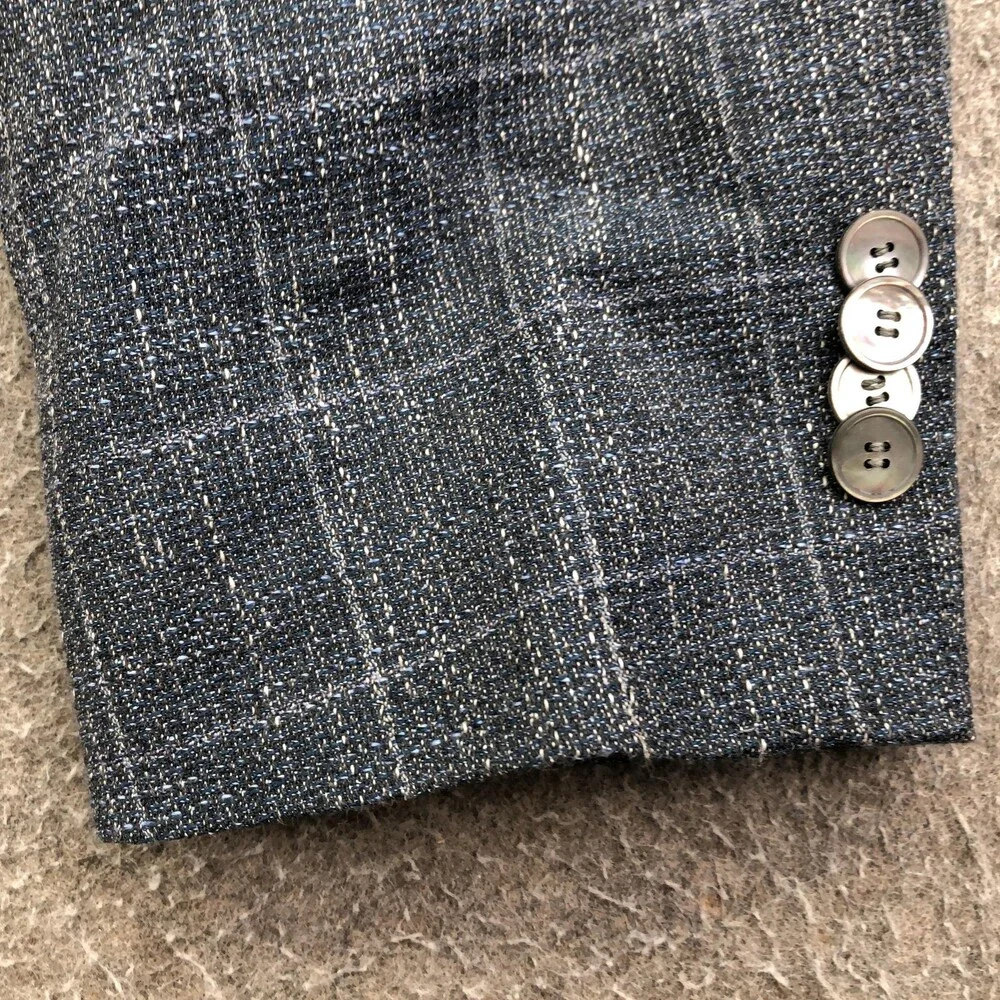 Hugo Boss Blazer Mens 46 Blue Check Tweed Wool Cotton Linen Sport Coat Jacket